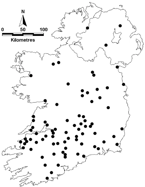 Fig 8 Distribution of coursing clubs in Ireland for which records between 1988/89 and 2003/04were analysed.