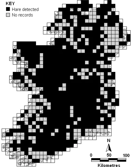 Fig. 1 Distribution of Irish hare detections during badger and habitat surveys from 1989-1993.The species has a widespread distribution throughout Ireland