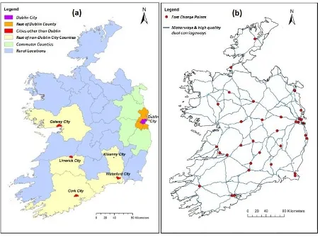 FIGURE 1 Maps of Ireland showing (a) the location of major cities and the geographic groups used in the analysis within this study, and (b) the fast charge points monitored 