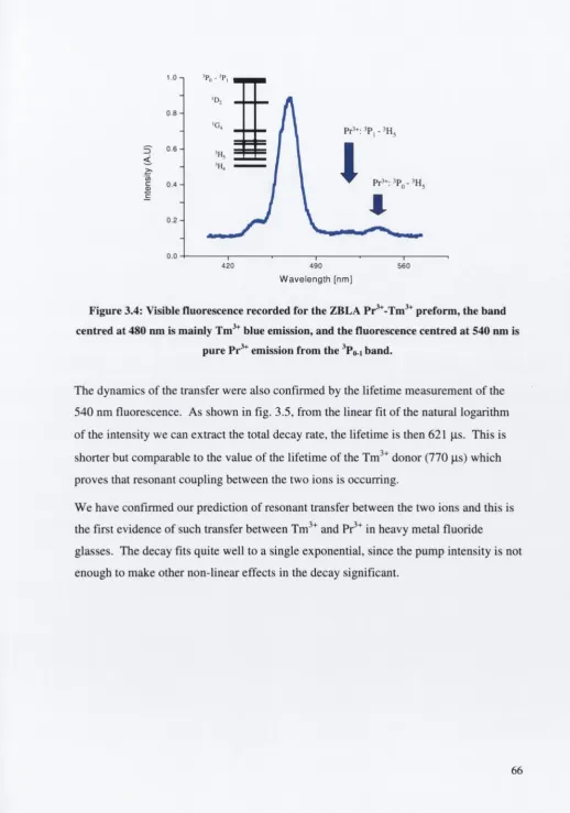 Figure 3.4: Visible fluorescence recorded for the ZBLA Pr^^-Tm^* preform, the band 