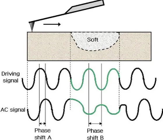 Fig. 2.16: The phase lag changes depending on the mechanical properties of the sample surface (Image from  [6])