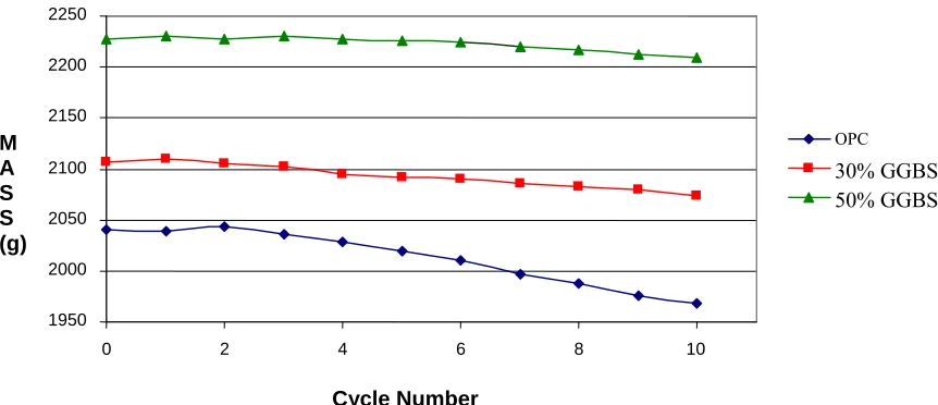 Fig. 9. Mass loss after each cycle of immersion in the MgSO4 solution. 