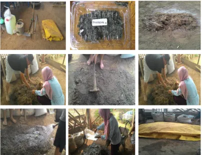 Gambar 5. Penyiapan alat, Trichoderma, dan proses pembuatan trichokompos.