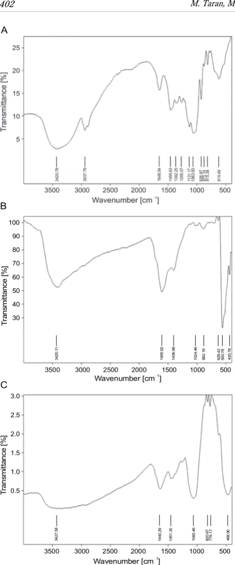Fig. 2. A) FTIR analysis of levan biopolymer, B) ZnO nanoparticle, and C) levan-ZnO nanocomposite