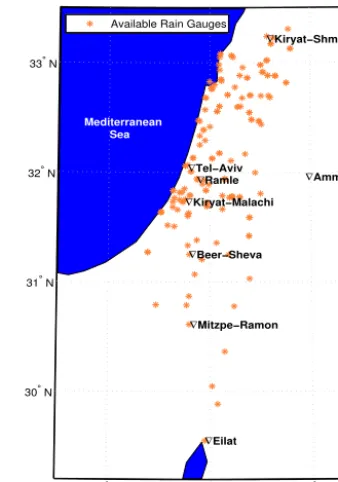 Figure 3. Distribution of the 70 available rain gauges; each orangeasterisk indicates a rain gauge location.