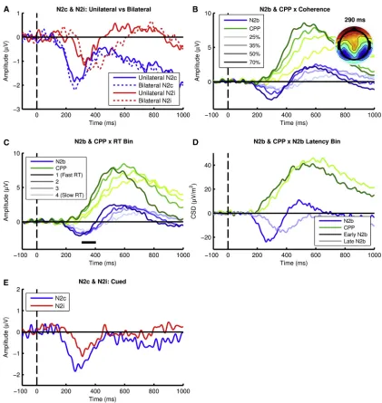 Figure 3. Target Selection Signals Are Not Contingent on the Spatial or Temporal Uncertainty of Sensory Evidence Onsets(A) N2c and N2i signals elicited by coherent motion when participants monitored a unilateral stimulus versus bilateral stimuli.(B) N2b an