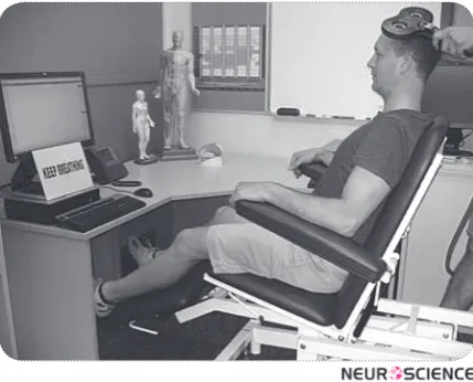 Figure 1. Experimental setup illustrating subject positioned in semi-reclined chair viewing EMG feedback on computer monitor and task specific cues whilst undergoing TMS on the left motor cortex.