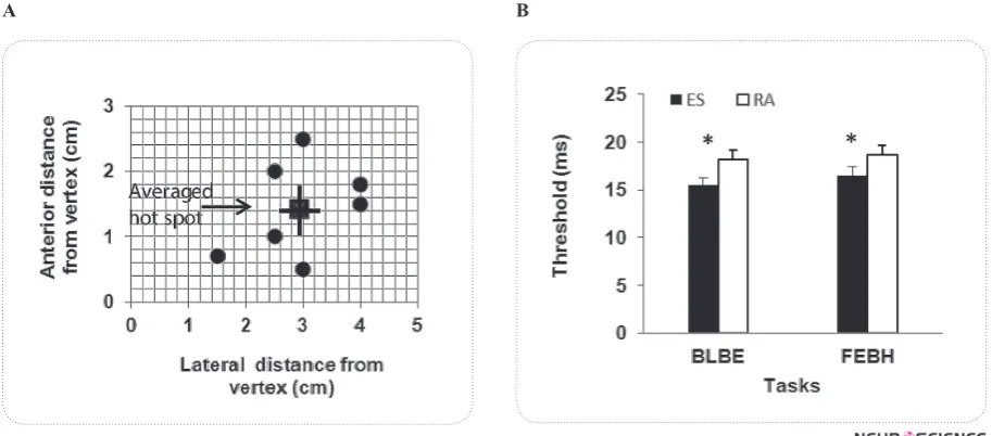 Figure 2. (A) Location of optimal stimulation for the elicitation of maximum MEPs from both ES and RA muscles in sitting position