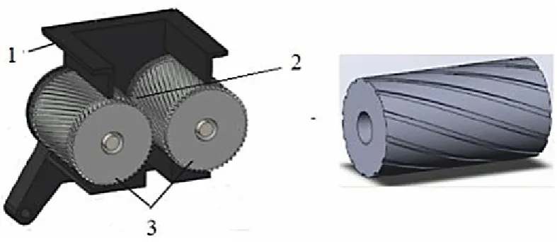 Fig. 2. Cross section of dough pump assembly: 1.working chamber 2.screw rolls
