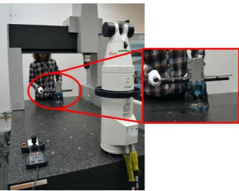 Fig. 1. The research station for distance measurement – Laser Tracking system, gauge block and its mounting system on CMM table