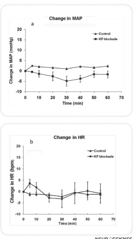 Figure 3. Time courses of mean arterial pressure (MAP)(a) and heart rate (HR) (b)  changes in response to the microin-jection of CoCl2 into the KF nucleus (n=10) in anesthetized rats