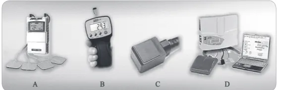 Figure 1. Different instruments that are used in pain threshold assessments. A: Transcutanous electrical nerve stimula-tor– TENS, B: Digital handheld pressure algometer, C: Thermal sensory analyzer, TSA-II Medoc medical systems, and  D: Standard thermode sample.