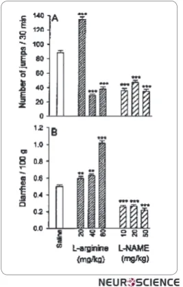 Figure 2. Effects of L-arginine (a precursor of nitric oxide) and L-NAME (nitric oxide synthase inhibitors) on the ex-pression of morphine dependency in mice