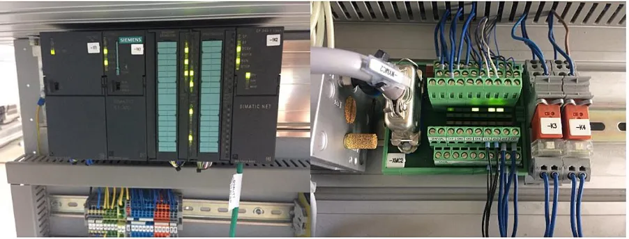 Fig. 3. Control system PLC S7-300 (L) and the electrical terminal block for the conveyor (R)