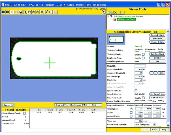 Fig. 6. Vision Process Tool “MES1_A1” for the first part: the screen of Web Server after Snap and Find process (a) and the screen of Teach Pendant (b)