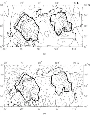 Fig. 5. The vertical component Z map for Northern Eurasia (400 km altitude, 4 nT contour interval): (a) residual crustal ﬁeld from the model, (b) Magsatanomalies according to Cain et al