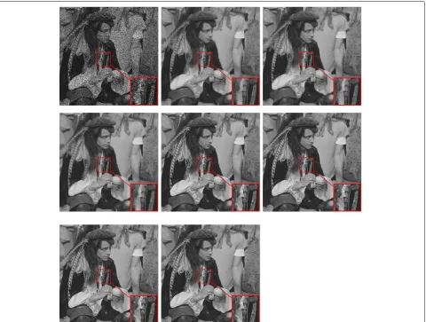Fig. 2 Results obtained for image “man” using the different methods. From left to right, the order of the images is as follows: simulated image withmissing data, recovered image using FPC algorithm, recovered image using ALM algorithm, recovered image using IALM algorithm, recoveredimage using PPG algorithm, recovered image using PG algorithm, recovered image using SVT with power method, and finally the recovered imageusing our proposed approach