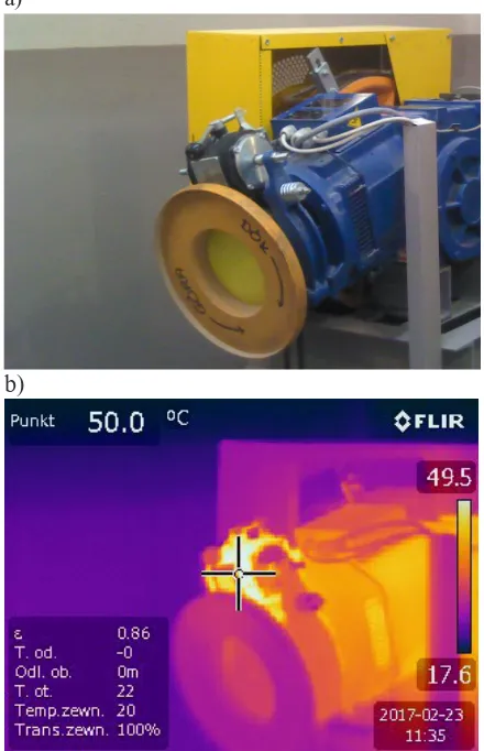Fig. 16. Measurement of the gear body temperature: a) the body photo, b) thermal image of the body.