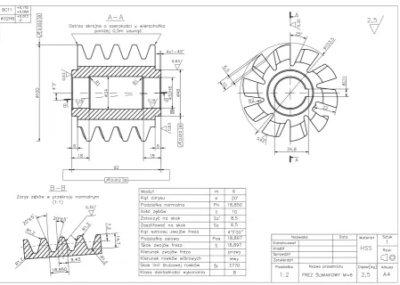 Fig. 2. The engineering drawing of a hob with a module of m=6. (Author’s elaboration)