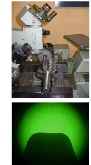 Fig. 3. A large toolmaker’s microscope; a) hob fixture, b) measurement with the goniometric head
