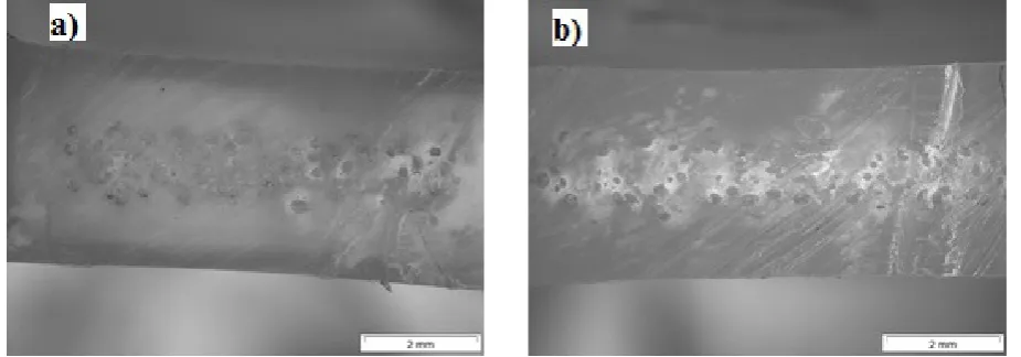 Fig. 11. Fragment of the cross section of the injected PLA: a) solid, b) with 0.5% Hydrocerol ITP810