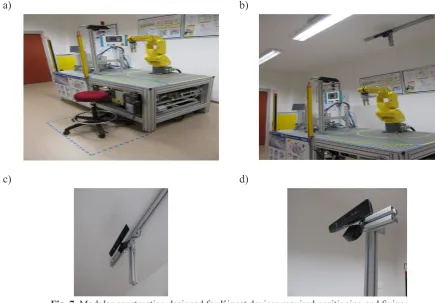 Fig. 7. Modular construction designed for Kinect devices required positioning and fixing; a) collaborative robotized workplace; b) final position of Kinect devices; c) modular construction for second  Safety Level 1; d) modular construction for second Safety Level 2