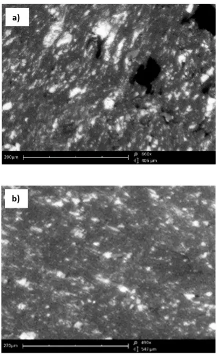 Fig. 5. Structure PP/ 40 wt.% talc extrused by grooves number 1 a) L/D20  and b) L/D30