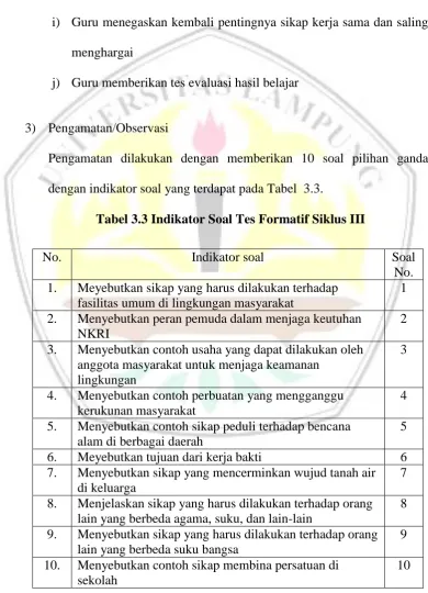 Tabel 3.3 Indikator Soal Tes Formatif Siklus III 