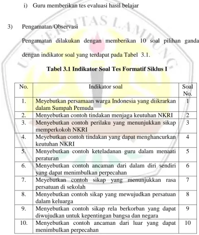 Tabel 3.1 Indikator Soal Tes Formatif Siklus I 
