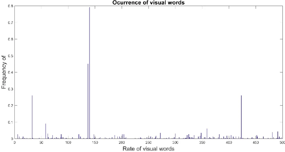 Figure 5. Histogram with the number of visual word occurrences and the size of the dictionary