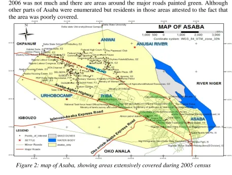 Figure 2: map of Asaba, showing areas extensively covered during 2005 census  