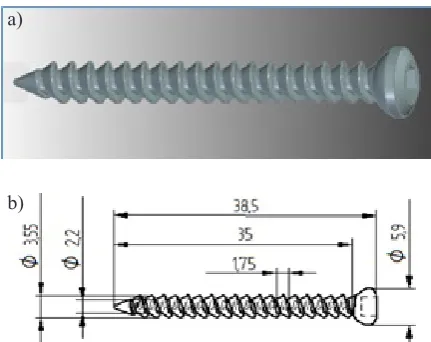 Fig. 1. The view of a screw designed for the research: a) 3D, b) 2D