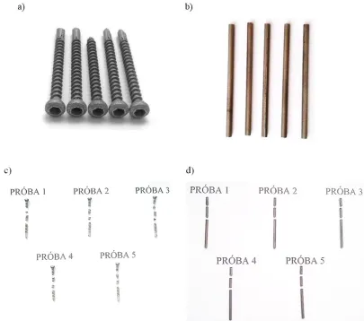 Fig. 7. The subject of research: a) orthopaedic screws made in the additive manufacturing technology, b) screws after the process of breaking, c) solid rods, d) rods after the process of breaking