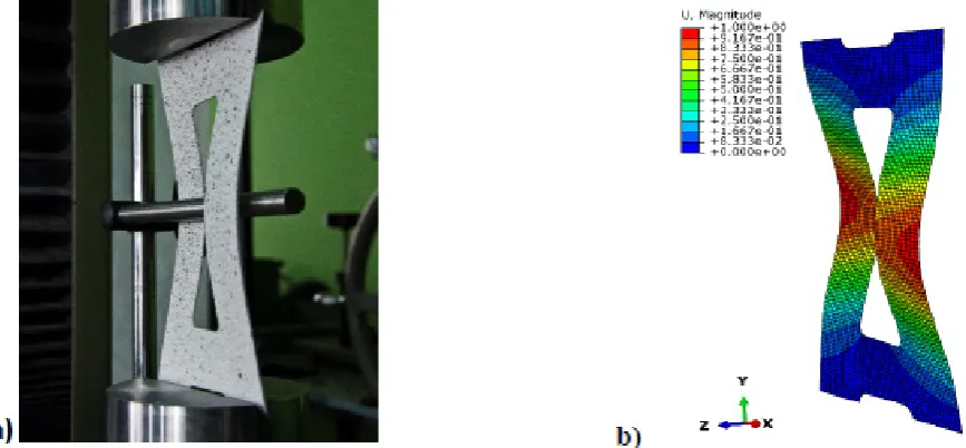 Fig. 7. The higher flexural-torsional form of plate buckling about the [90/-45/45/0]s layout: a) experimental research, b) numerical analysis