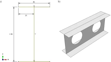 Fig. 2. Numerical model: a) cross sectional geometry of the profile, b) 3D object with a length of 200 mm and with holes with a diameter of 50 mm