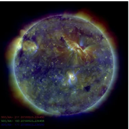 Figure 1.5: Composite EUV image of the low solar corona recorded by the Atmo-spheric Imaging Assembly (AIA) onboard the Solar Dynamics Observatory (SDO)on 23 May 2010.Image credit: http://sdowww.lmsal.com/