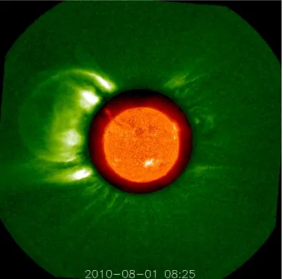 Figure 1.9: Observation of a CME and prominence lift-oﬀ from the EUVI andCOR1 instruments of the SECCHI suite on board the STEREO-A spacecraft