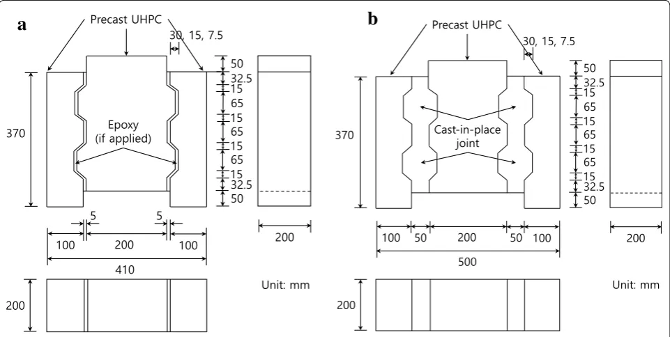 Fig. 2 Dimensions of test specimens with two shear keys. a Specimens with dry joints. b Specimens with wet joints.