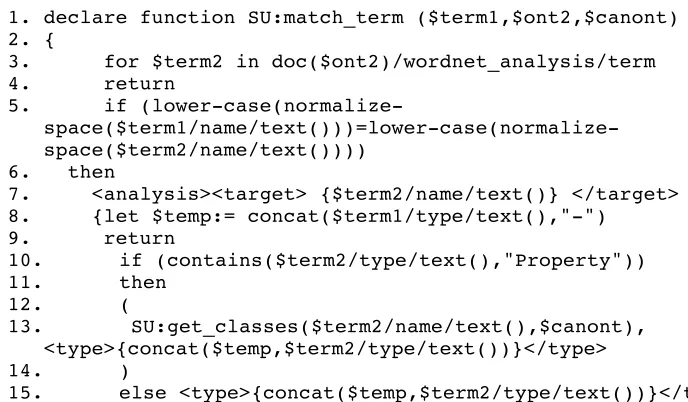 Figure 5-11 shows the XQuery used to match a simple term against simple terms, 