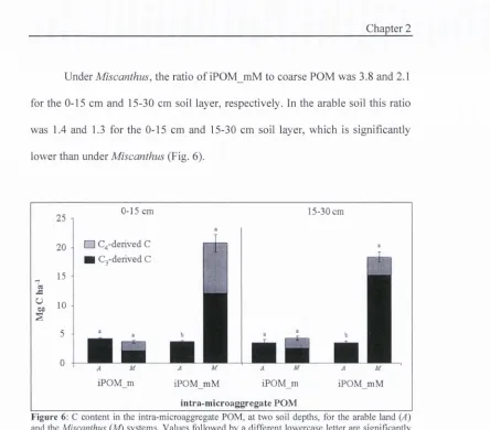 Figure 6: C content in the intra-microaggregate POM, at two soil depths, for the arable land (A) 