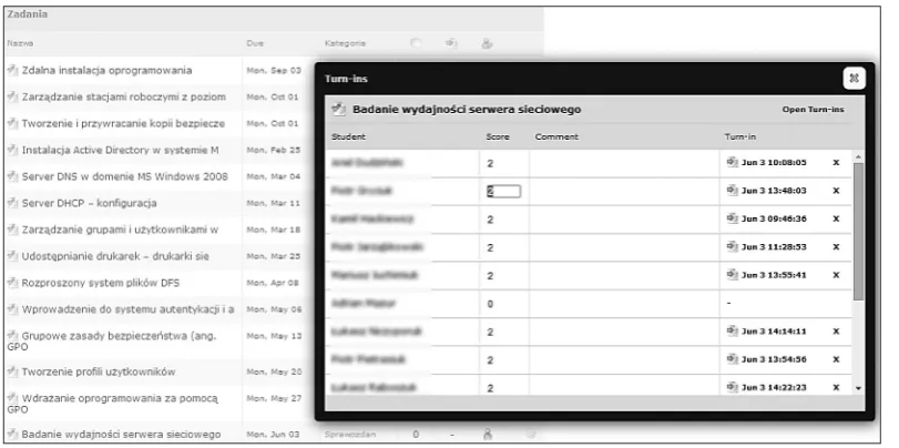Fig. 3. Assignments screen with subjects and turn-ins