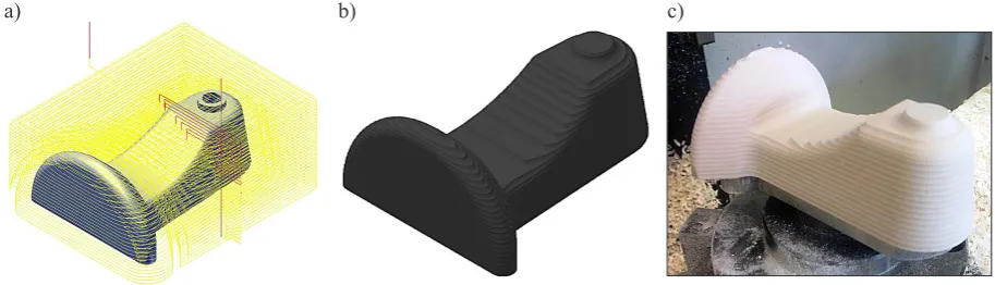 Fig. 4. Roughing model a) after path generation, b) after machining simulation, c) after milling