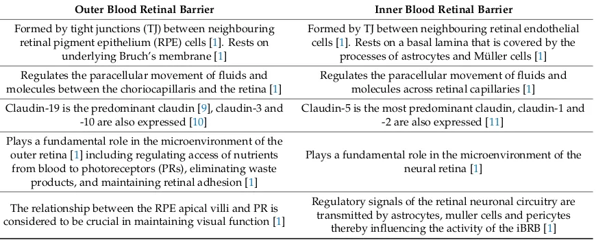 Table 1. A summary of the key diﬀerences between the outer blood retina barrier (oBRB) and innerblood retinal barrier (iBRB).