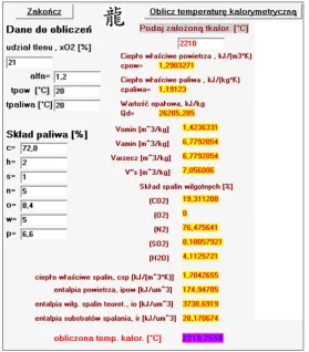 Fig. 2. A screenshot of program for calculations of combustion temperature of the solid fuels