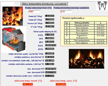 Fig. 4. Part of the program window for theoretical and real temperature