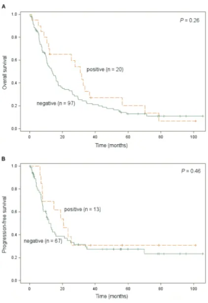 Figure 1. Overall survival and progression-free sur-vival by RRM2 expression in the entire cohort (A) Overall survival by RRM2 expression (RRM2-negative: median OS 13.7 months; RRM2-positive: median OS 30.9 months)
