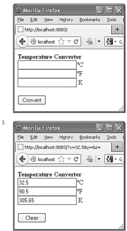 Fig. 1. The web application window for converting tem-perature in three scales a) an empty form for entering data, b) a form presenting the results of the program