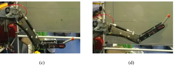 Figure 4: (a) Joint output for set-point (-41.5 o, 55o, 9.63o), (b) Joint output for set-point (-7.9o, 52.3o, 22o), (c) and (d) Still images of arm final position during testing