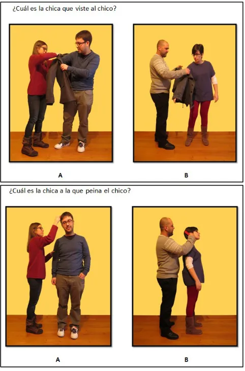 Figure 1:  Images corresponding to the examples in (1) in the trials. Upper image: Which is the girl that is dressing the boy?; lower image: Which is the boy that the girl is combing? 