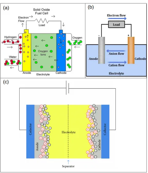 Figure 1-2: The working principles of different electrolytic devices. Panel (a) shows theworking principle of a solid oxide fuel cell